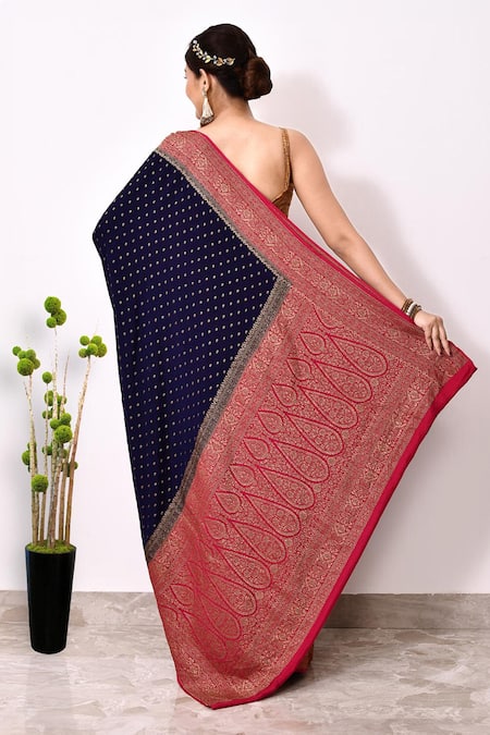 Shop Naaritva India Blue Handloom Cotton Zari Phool Booti Woven Banarasi Saree With Running Blouse at Aza Fashions Shop_Naaritva India_Blue Handloom Cotton Zari Phool Booti Woven Banarasi Saree With Running Blouse _at_Aza_Fashions