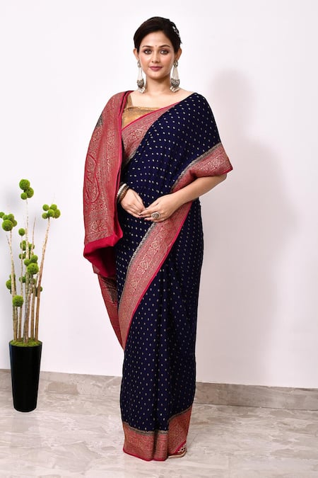 Naaritva India Blue Handloom Cotton Zari Phool Booti Woven Banarasi Saree With Running Blouse Online at Aza Fashions Naaritva India_Blue Handloom Cotton Zari Phool Booti Woven Banarasi Saree With Running Blouse _Online_at_Aza_Fashions