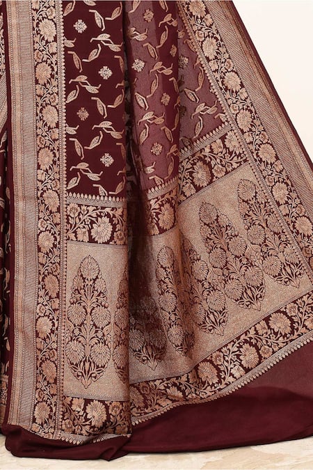 Shop Naaritva India Wine Handloom Cotton Floral Leaf Pattern Banarasi Saree With Running Blouse Online at Aza Fashions Shop_Naaritva India_Wine Handloom Cotton Floral Leaf Pattern Banarasi Saree With Running Blouse _Online_at_Aza_Fashions