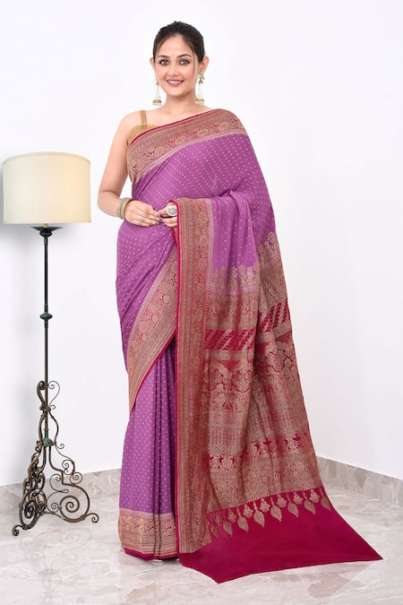 Naaritva India Purple Crepe Handwoven Butti Contrast Hem Detailed Saree With Running Blouse 