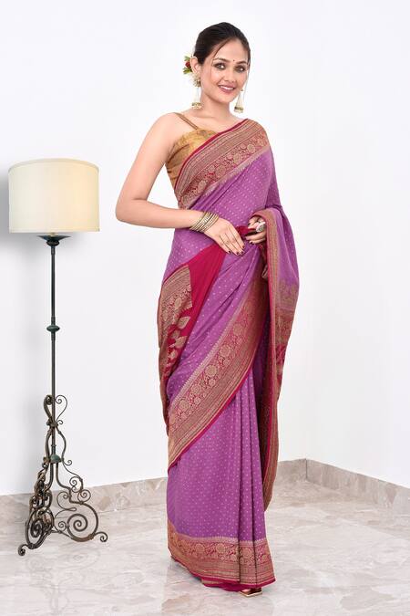 Shop_Naaritva India_Purple Crepe Zari Contrast Hem Detailed Banarasi Saree With Running Blouse _Online_at_Aza_Fashions