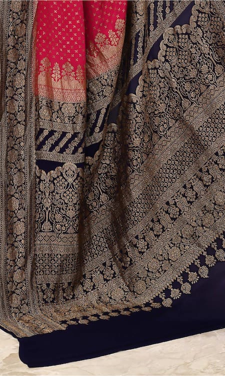 Shop_Naaritva India_Pink Handloom Floral Vine Contrast Border Banarasi Saree With Running Blouse _Online_at_Aza_Fashions