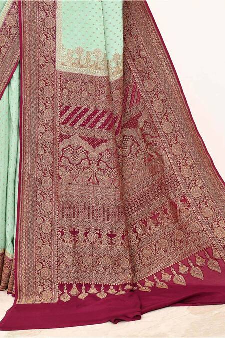 Shop_Naaritva India_Green Handloom Woven Floral Vine Border Banarasi Saree With Running Blouse _Online_at_Aza_Fashions