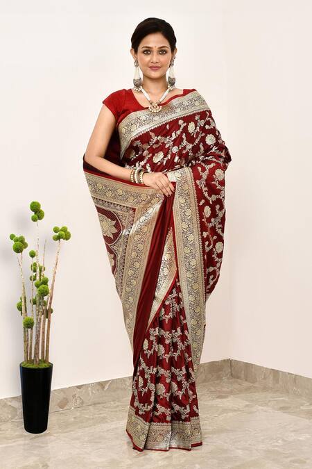 Naaritva India_Maroon Silk Zari Gullista Bloom Woven Banarasi Saree With Running Blouse _Online_at_Aza_Fashions