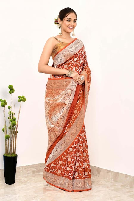 Shop_Naaritva India_Orange Kota Doria Zari Jaal Woven Banarasi Saree With Running Blouse _Online_at_Aza_Fashions