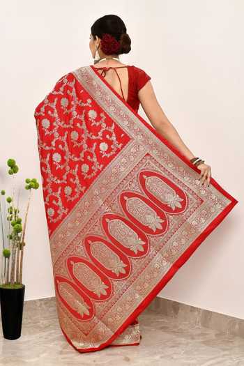 Shop Naaritva Banaras Red Silk Zari Blossom Garden Woven Banarasi Saree With Running Blouse at Aza Fashions Shop_Naaritva Banaras_Red Silk Zari Blossom Garden Woven Banarasi Saree With Running Blouse _at_Aza_Fashions