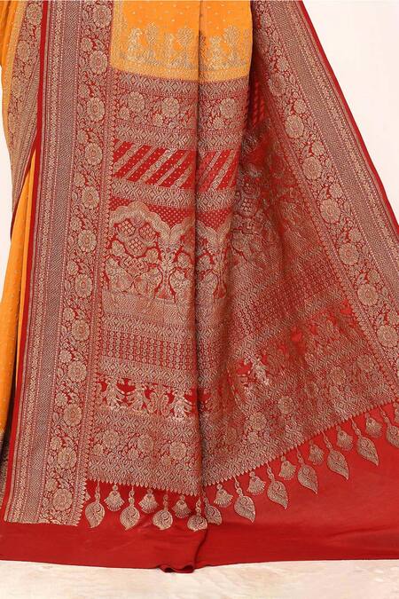 Shop_Naaritva India_Orange Handloom Cotton Zari Woven Butti Banarasi Saree With Running Blouse _Online_at_Aza_Fashions
