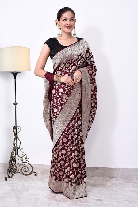 Buy_Naaritva India_Maroon Kota Doria Zari Floral Veil Woven Banarasi Saree With Running Blouse _Online_at_Aza_Fashions
