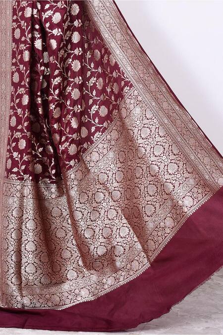 Shop_Naaritva India_Maroon Kota Doria Zari Floral Veil Woven Banarasi Saree With Running Blouse _Online_at_Aza_Fashions