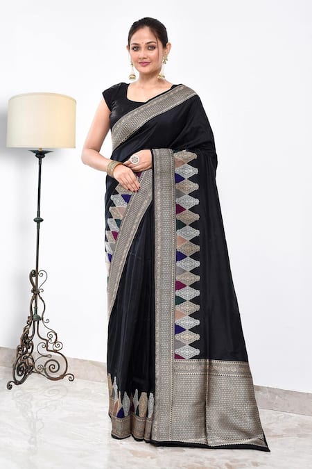 Naaritva India Black Katan Handwoven Zari Mina Work Saree With Running Blouse 