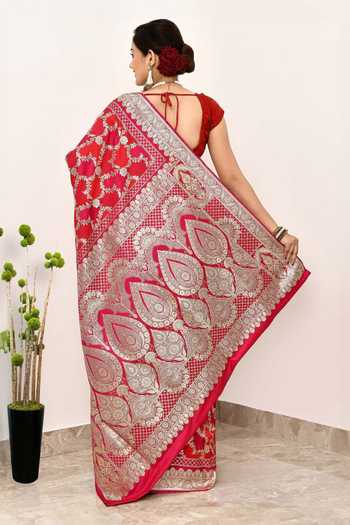 Shop Naaritva Banaras Red Silk Zari Bloom Garden Woven Banarasi Saree With Running Blouse at Aza Fashions Shop_Naaritva Banaras_Red Silk Zari Bloom Garden Woven Banarasi Saree With Running Blouse _at_Aza_Fashions