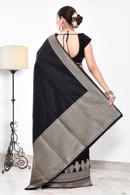 Shop Naaritva India Black Kota Doria Zari, Mirrors Mina Work Banarasi Saree With Running Blouse at Aza Fashions Shop_Naaritva India_Black Kota Doria Zari, Mirrors Mina Work Banarasi Saree With Running Blouse _at_Aza_Fashions