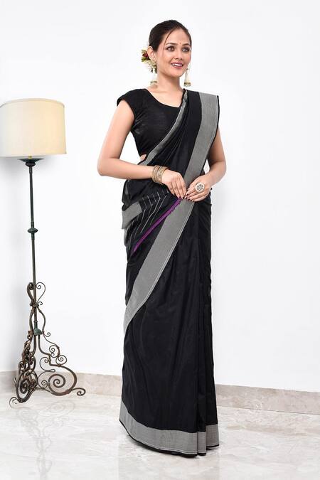 Buy_Naaritva India_Black Kota Doria Zari Contrast Border Banarasi Saree With Running Blouse _Online_at_Aza_Fashions