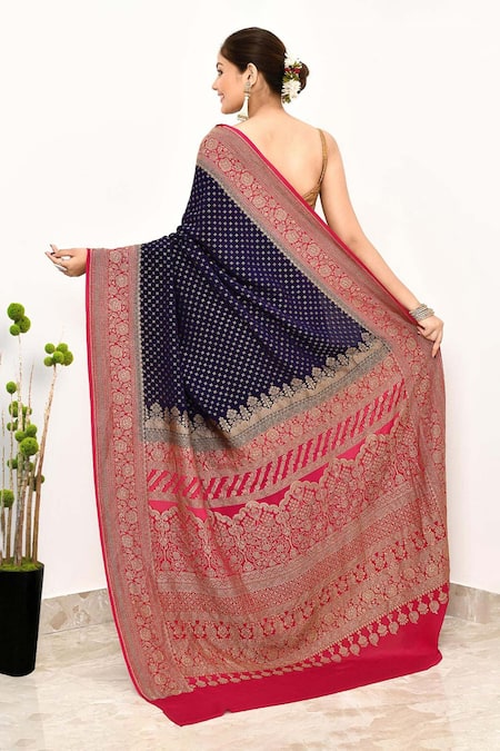 Naaritva India Zari Floral Border Banarasi Saree With Running Blouse 