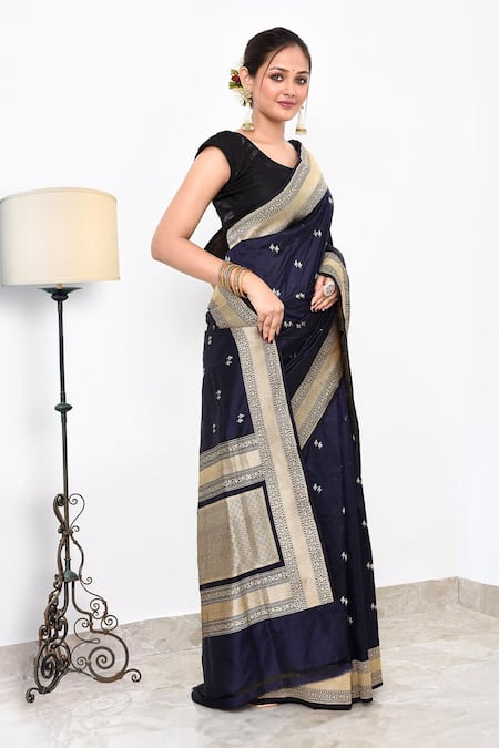Shop_Naaritva India_Blue Kota Doria Zari Floral Veil Border Banarasi Saree With Running Blouse _Online_at_Aza_Fashions