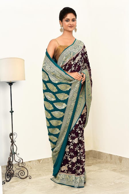 Naaritva India_Purple Handloom Cotton Floral Handwoven Banarasi Saree With Running Blouse _Online_at_Aza_Fashions