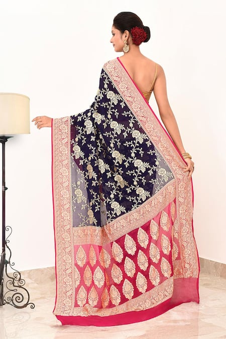 Shop Naaritva India Blue Handloom Cotton Embroidery Floral Woven Banarasi Saree With Running Blouse at Aza Fashions Shop_Naaritva India_Blue Handloom Cotton Embroidery Floral Woven Banarasi Saree With Running Blouse _at_Aza_Fashions