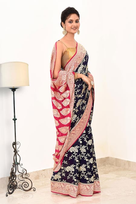 Naaritva India Blue Handloom Cotton Embroidery Floral Woven Banarasi Saree With Running Blouse Online at Aza Fashions Naaritva India_Blue Handloom Cotton Embroidery Floral Woven Banarasi Saree With Running Blouse _Online_at_Aza_Fashions