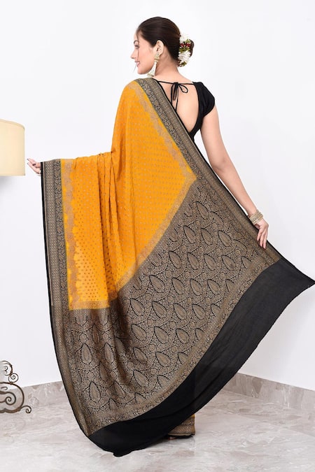 Shop Naaritva India Yellow Crepe Embroidery Contrast Hem Banarasi Saree With Running Blouse at Aza Fashions Shop_Naaritva India_Yellow Crepe Embroidery Contrast Hem Banarasi Saree With Running Blouse _at_Aza_Fashions