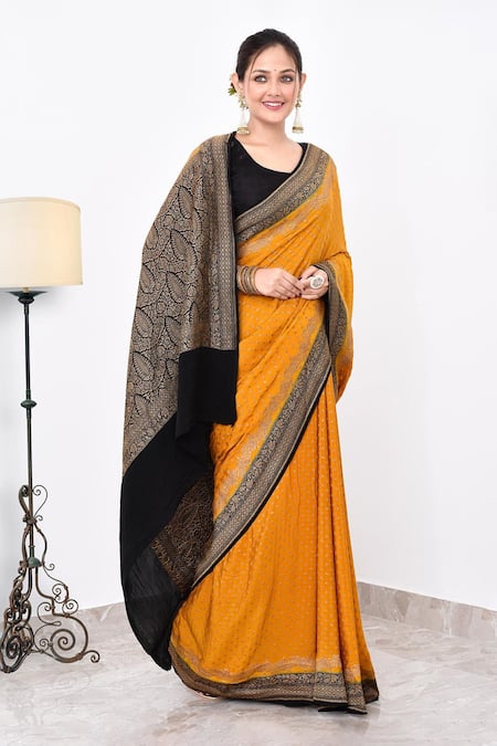 Buy Naaritva India Yellow Crepe Embroidery Contrast Hem Banarasi Saree With Running Blouse Online at Aza Fashions Buy_Naaritva India_Yellow Crepe Embroidery Contrast Hem Banarasi Saree With Running Blouse _Online_at_Aza_Fashions