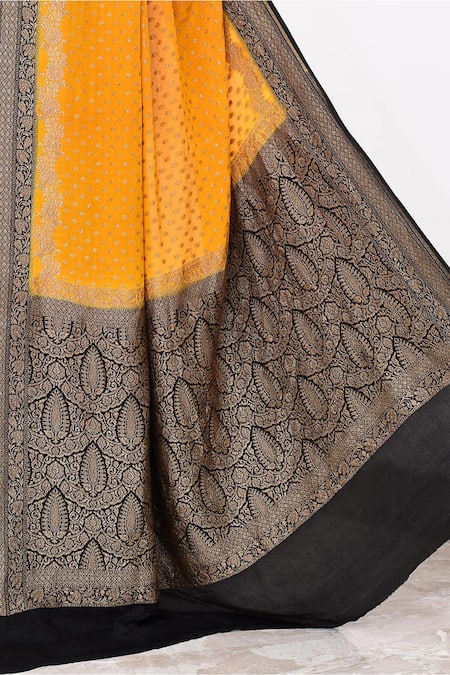 Shop Naaritva India Yellow Crepe Embroidery Contrast Hem Banarasi Saree With Running Blouse Online at Aza Fashions Shop_Naaritva India_Yellow Crepe Embroidery Contrast Hem Banarasi Saree With Running Blouse _Online_at_Aza_Fashions