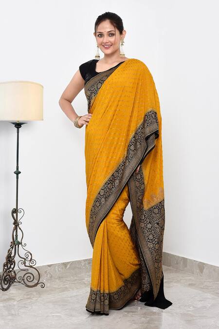 Shop Naaritva India Yellow Crepe Paisley Detailed Pallu Banarasi Saree With Running Blouse Online at Aza Fashions Shop_Naaritva India_Yellow Crepe Paisley Detailed Pallu Banarasi Saree With Running Blouse _Online_at_Aza_Fashions