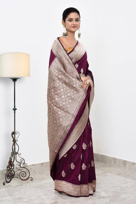 Shop_Naaritva India_Wine Kota Doria Embroidery Floret Pattern Banarasi Saree With Running Blouse _Online_at_Aza_Fashions