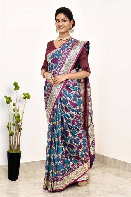 Naaritva India Blue Silk Embroidery Crest Blossom Jaal Woven Banarasi Saree With Running Blouse Online at Aza Fashions Naaritva India_Blue Silk Embroidery Crest Blossom Jaal Woven Banarasi Saree With Running Blouse _Online_at_Aza_Fashions
