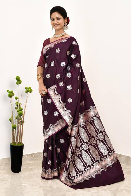 Naaritva India_Wine Silk Embroidery Clover Bloom Booti Woven Banarasi Saree With Running Blouse _Online_at_Aza_Fashions