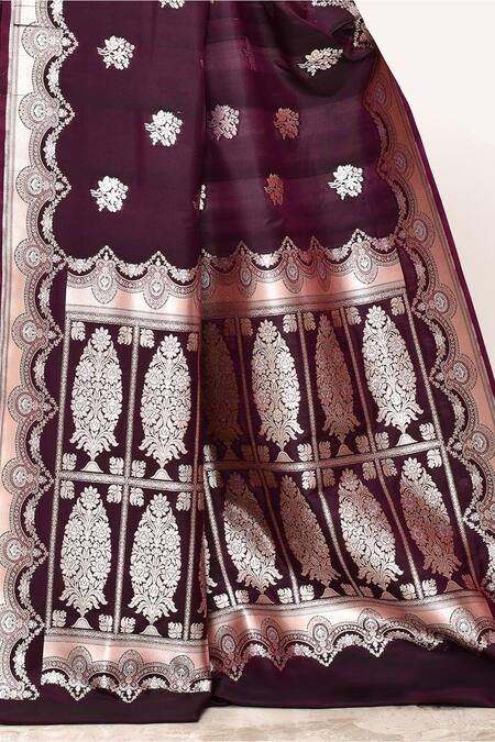 Buy_Naaritva India_Wine Silk Embroidery Clover Bloom Booti Woven Banarasi Saree With Running Blouse _Online_at_Aza_Fashions