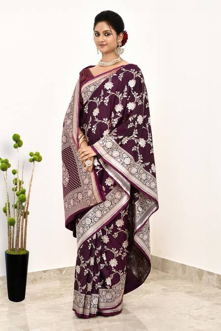 Naaritva India_Wine Silk Embroidery Phool Woven Banarasi Saree With Running Blouse _Online_at_Aza_Fashions