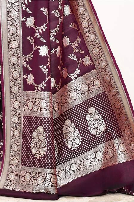 Buy_Naaritva India_Wine Silk Embroidery Phool Woven Banarasi Saree With Running Blouse _Online_at_Aza_Fashions