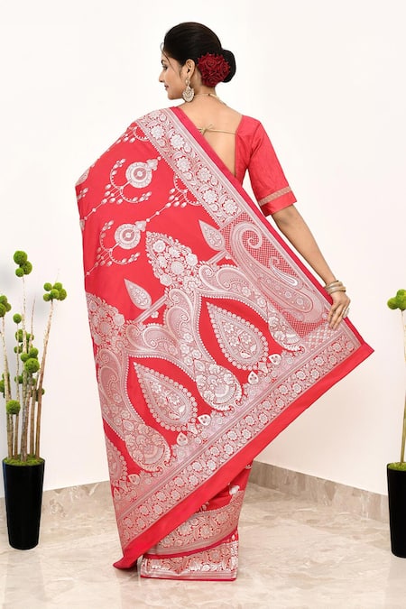 Shop Naaritva India Red Silk Embroidery Ornate Paisley Woven Banarasi Saree With Running Blouse at Aza Fashions Shop_Naaritva India_Red Silk Embroidery Ornate Paisley Woven Banarasi Saree With Running Blouse _at_Aza_Fashions
