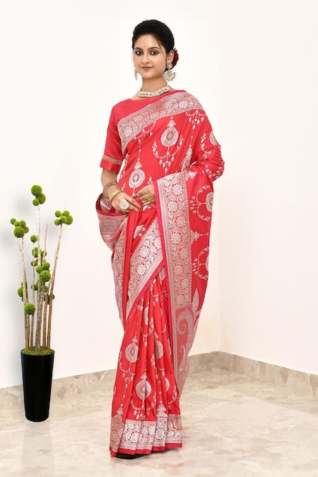 Naaritva India Red Silk Embroidery Ornate Paisley Woven Banarasi Saree With Running Blouse Online at Aza Fashions Naaritva India_Red Silk Embroidery Ornate Paisley Woven Banarasi Saree With Running Blouse _Online_at_Aza_Fashions