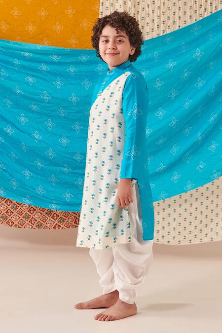 Cute Couture Blue Silk Print Bandhani And Bloom Flap Kurta With Dhoti Pant Online at Aza Fashions Cute Couture_Blue Silk Print Bandhani And Bloom Flap Kurta With Dhoti Pant _Online_at_Aza_Fashions