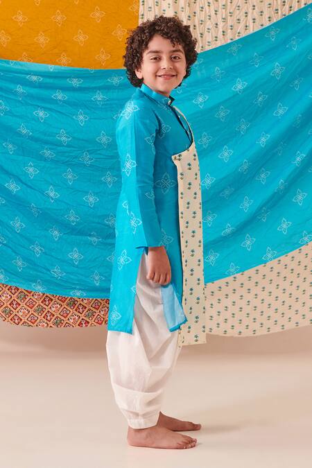 Buy Cute Couture Blue Silk Print Bandhani And Bloom Flap Kurta With Dhoti Pant Online at Aza Fashions Buy_Cute Couture_Blue Silk Print Bandhani And Bloom Flap Kurta With Dhoti Pant _Online_at_Aza_Fashions