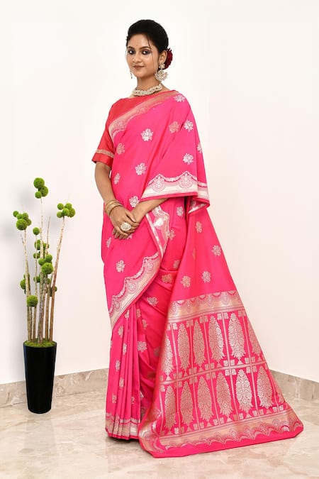 Buy_Naaritva India_Pink Silk Embroidery Fleur Guccha Woven Banarasi Saree With Running Blouse _Online_at_Aza_Fashions