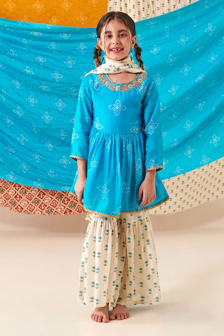 CUTE COUTURE Blue Muslin Silk Print Bandhani And Marodi Embroidered Kurta Sharara Set 