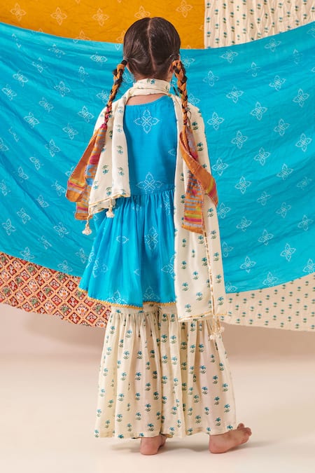 Shop Cute Couture Blue Muslin Silk Print Bandhani And Marodi Embroidered Kurta Sharara Set at Aza Fashions Shop_Cute Couture_Blue Muslin Silk Print Bandhani And Marodi Embroidered Kurta Sharara Set _at_Aza_Fashions