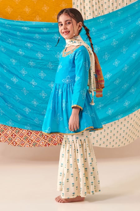 Cute Couture Blue Muslin Silk Print Bandhani And Marodi Embroidered Kurta Sharara Set Online at Aza Fashions Cute Couture_Blue Muslin Silk Print Bandhani And Marodi Embroidered Kurta Sharara Set _Online_at_Aza_Fashions