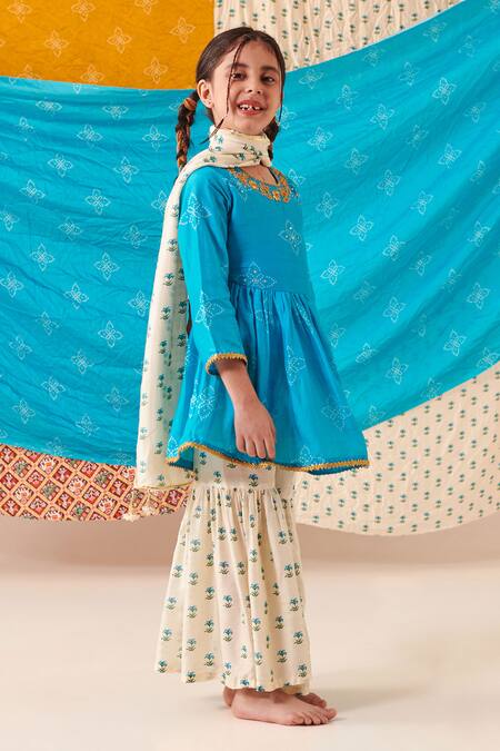 Buy Cute Couture Blue Muslin Silk Print Bandhani And Marodi Embroidered Kurta Sharara Set Online at Aza Fashions Buy_Cute Couture_Blue Muslin Silk Print Bandhani And Marodi Embroidered Kurta Sharara Set _Online_at_Aza_Fashions
