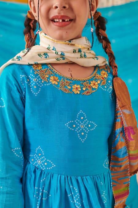 Shop Cute Couture Blue Muslin Silk Print Bandhani And Marodi Embroidered Kurta Sharara Set Online at Aza Fashions Shop_Cute Couture_Blue Muslin Silk Print Bandhani And Marodi Embroidered Kurta Sharara Set _Online_at_Aza_Fashions