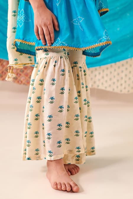 Cute Couture Blue Muslin Silk Print Bandhani And Marodi Embroidered Kurta Sharara Set at Aza Fashions Cute Couture_Blue Muslin Silk Print Bandhani And Marodi Embroidered Kurta Sharara Set _at_Aza_Fashions
