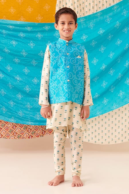 CUTE COUTURE Blue Cotton Print Bandhani Floral Bundi Kurta Set 