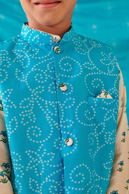 Buy Cute Couture Blue Cotton Print Bandhani Floral Bundi Kurta Set Online at Aza Fashions Buy_Cute Couture_Blue Cotton Print Bandhani Floral Bundi Kurta Set _Online_at_Aza_Fashions