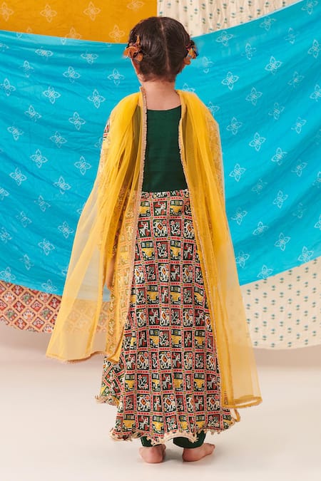 Shop Cute Couture Green Muslin Silk Print Folklore Motif Patola Anarkali Set at Aza Fashions Shop_Cute Couture_Green Muslin Silk Print Folklore Motif Patola Anarkali Set _at_Aza_Fashions