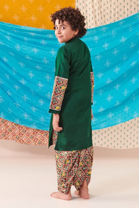 Shop Cute Couture Green Silk Print Folklore Motif Patch Kurta With Dhoti Pant at Aza Fashions Shop_Cute Couture_Green Silk Print Folklore Motif Patch Kurta With Dhoti Pant _at_Aza_Fashions