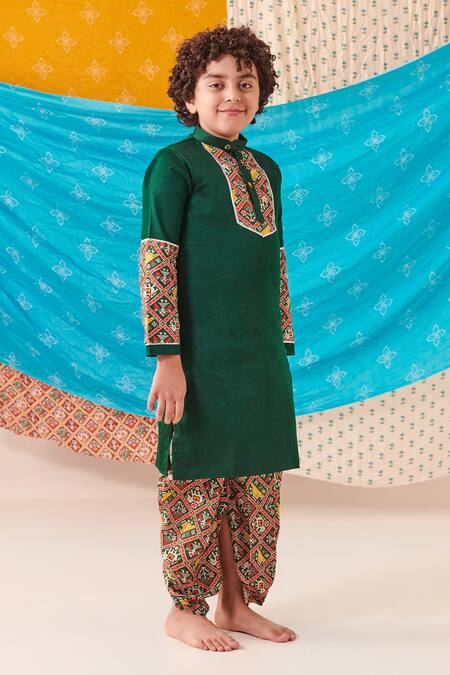 Cute Couture Green Silk Print Folklore Motif Patch Kurta With Dhoti Pant Online at Aza Fashions Cute Couture_Green Silk Print Folklore Motif Patch Kurta With Dhoti Pant _Online_at_Aza_Fashions