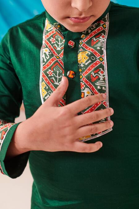 Buy Cute Couture Green Silk Print Folklore Motif Patch Kurta With Dhoti Pant Online at Aza Fashions Buy_Cute Couture_Green Silk Print Folklore Motif Patch Kurta With Dhoti Pant _Online_at_Aza_Fashions