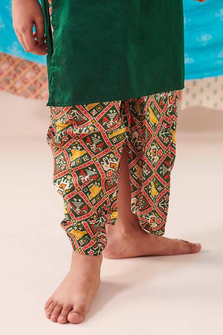 Shop Cute Couture Green Silk Print Folklore Motif Patch Kurta With Dhoti Pant Online at Aza Fashions Shop_Cute Couture_Green Silk Print Folklore Motif Patch Kurta With Dhoti Pant _Online_at_Aza_Fashions
